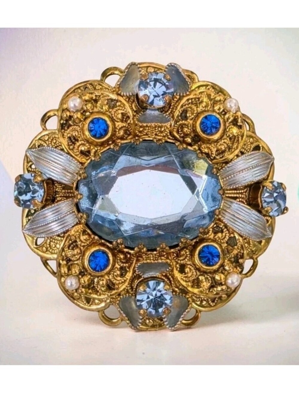 Vintage Signed West Germany Blue Glass Rhinestone Filigree Ornate Brooch